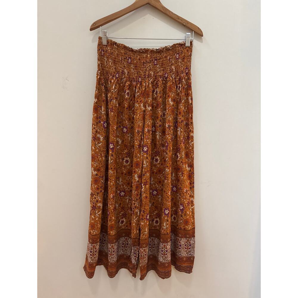 Natural Life Brown Purple Boho Smocked Waist Pull On Palazzo Wide Leg Pants Sz L - Picture 2 of 4